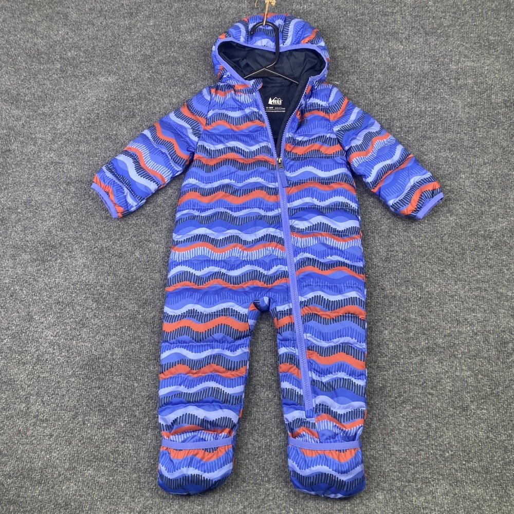 REI Co-op 12-18M Down Bunting Suit Blue Orange Wavy Print Hooded Snowsuit 222065